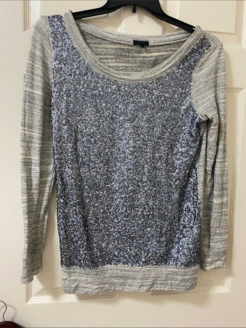 J. Crew Gray Knit Long Sleeve Top with Blue Sequin Front